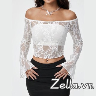 Áo thun nữ dài tay ren lưới xuyên thấu vai mùa xuân thu Slim Fit Crop Tops