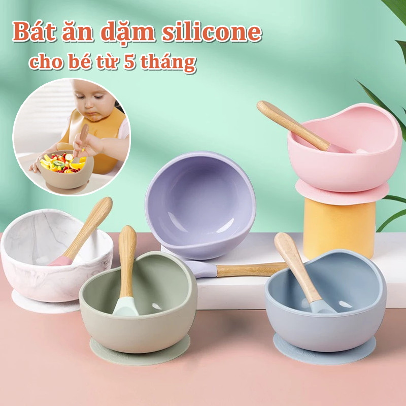Bát ăn dặm silicone cho bé từ 5 tháng, Kèm Thìa Gỗ, Đế hít chống trượt đổ, An Toàn, Dễ Vệ Sinh
