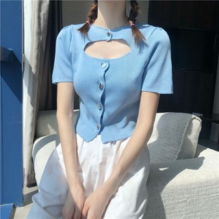 Áo dệt kim tôn dáng hở rốn mẫu ngắn rỗng Áo Thun Nữ