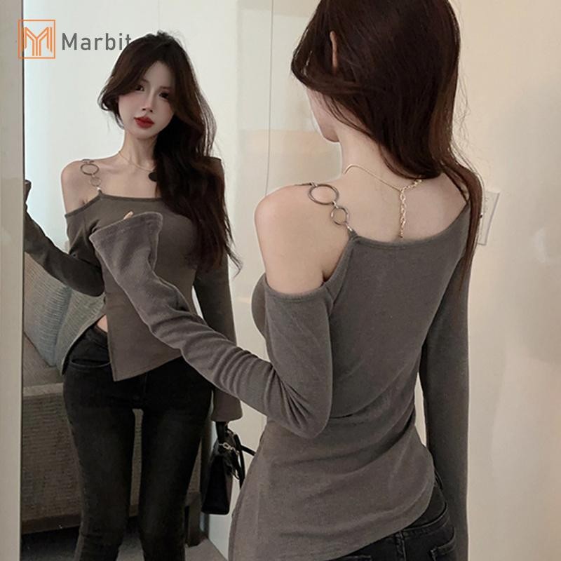 Marbit Thu Đông Nữ Gợi Cảm Pure Desire Off-shoulder Dài Tay Không Đều Áo Thun Mỏng Mới