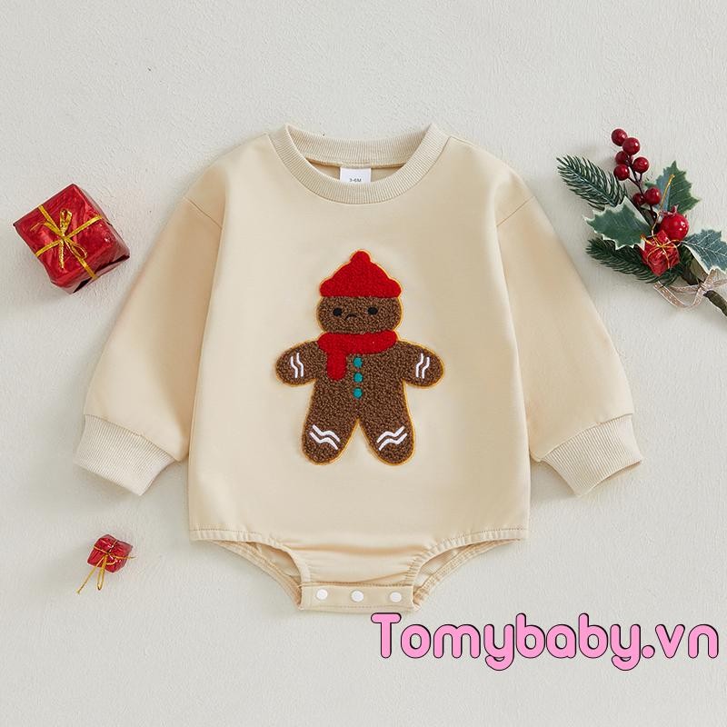 Áo liền quần Giáng sinh cho bé Bộ áo liền quần dài tay cổ tròn Gingerbread Man / Tree