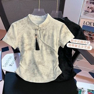 (Không có sise) Áo thun ngắn tay dáng ôm bất thường có khóa phong cách Trung Quốc mới phong cách Trung Quốc áo ngắn dễ phối Mới Mùa Hè cho nữ