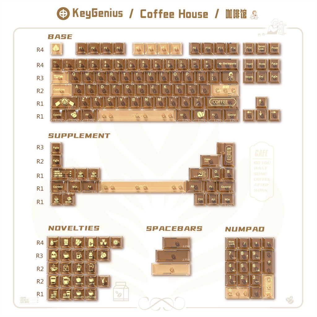 Keygenius Coffee House Keycaps Foggy Transparent Brown PC Cherry Profile keycap set cho bàn phím cơ | BigBuy360 - bigbuy360.vn