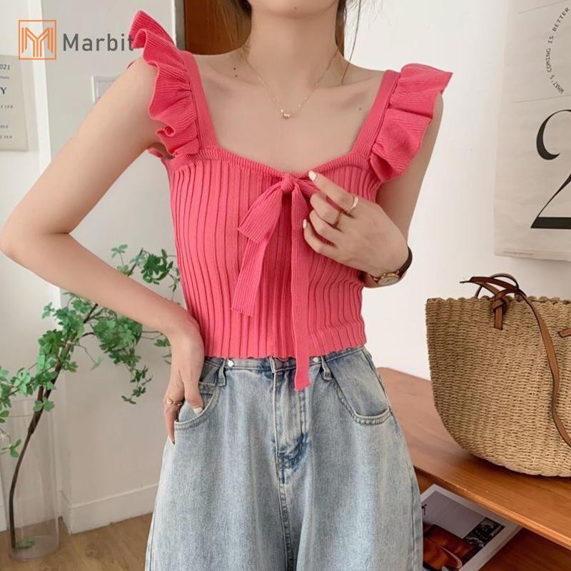 Marbit Mùa Hè Nữ Ngọt Nơ Xù Màu Trơn Không Tay Ôm Dệt Kim Camisole Mới