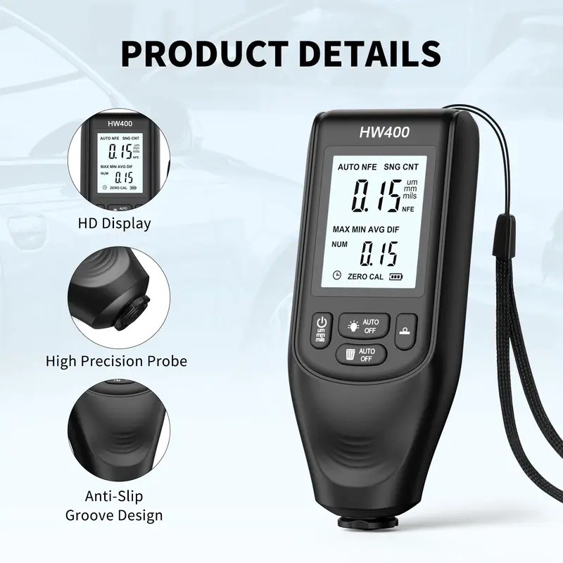 Máy đo độ dày lớp phủ ô tô HW400 0,1micron / 0 2000um Máy đo độ dày màng sơn ô tô Công cụ đo lớp phủ Fe & NFe