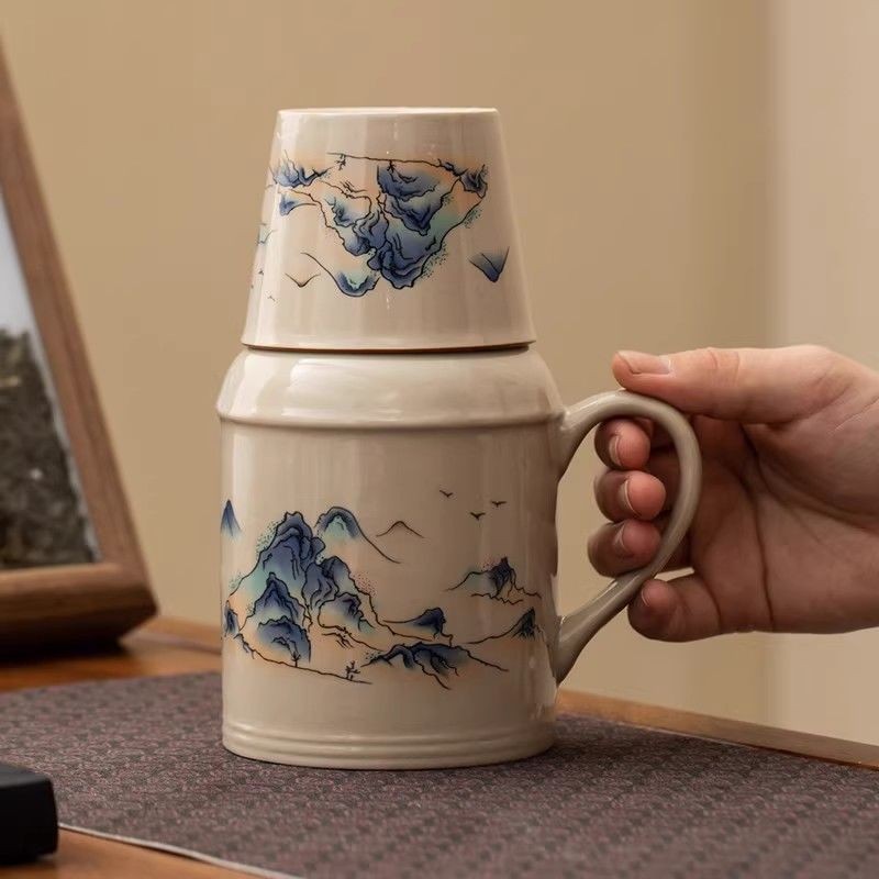 Phích đựng nước nhỏ bằng gốm sứ sáng tạo dung tích lớn kèm  cốc có nắp đậy