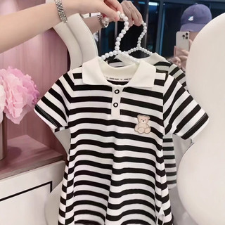 (6m-8Yrs) Mùa Hè Bé Gái Đầm Trẻ Em Đen Trắng Sọc Đầm Đan Thêu Tay Ngắn POLO Áo Sơ Mi