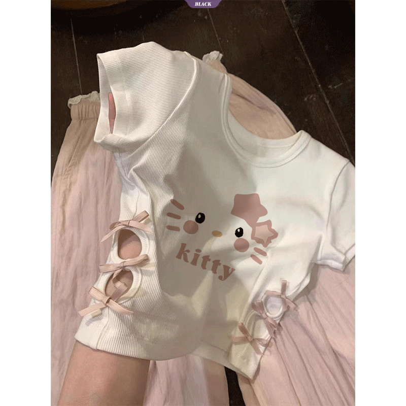 Trắng Spice Girls Áo thun ngắn tay ngắn nữ mùa hè Sweet Spice Slim Hello Kitty Hollow Out Tops [BL]