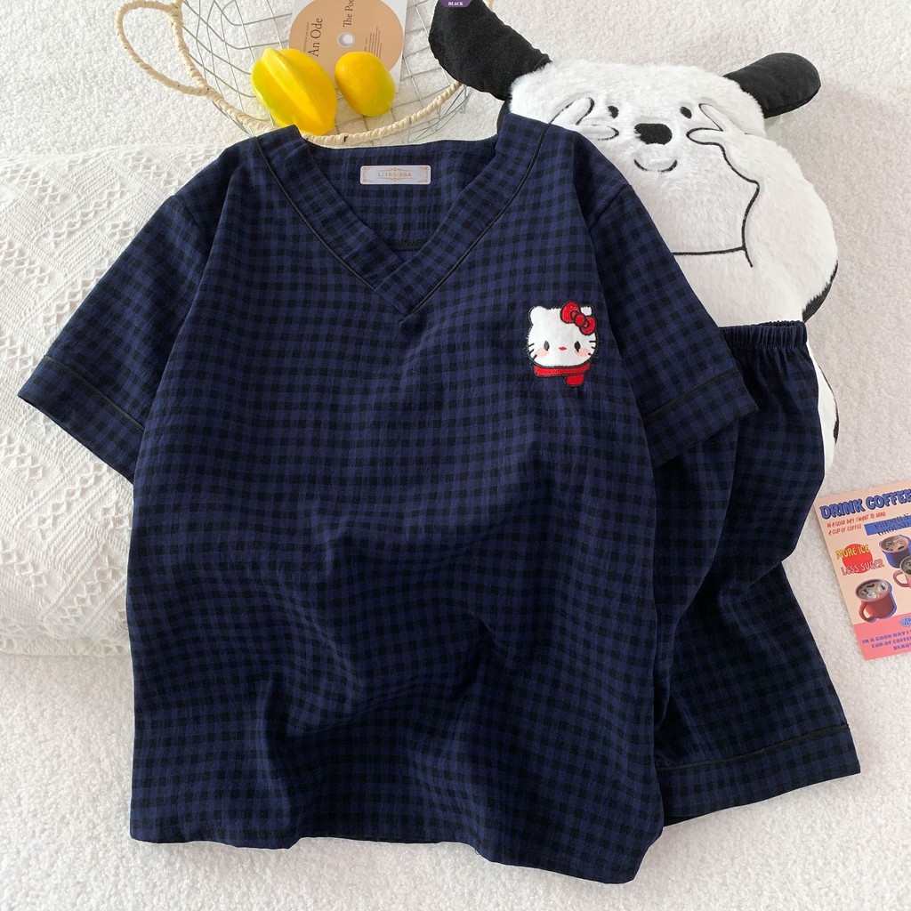 Bộ đồ ngủ cổ chữ V màu xanh đậm KT Cat Nữ mùa hè Phim hoạt hình ngọt ngào Quần Short ngắn tay Bộ đồ mặc nhà [BL]