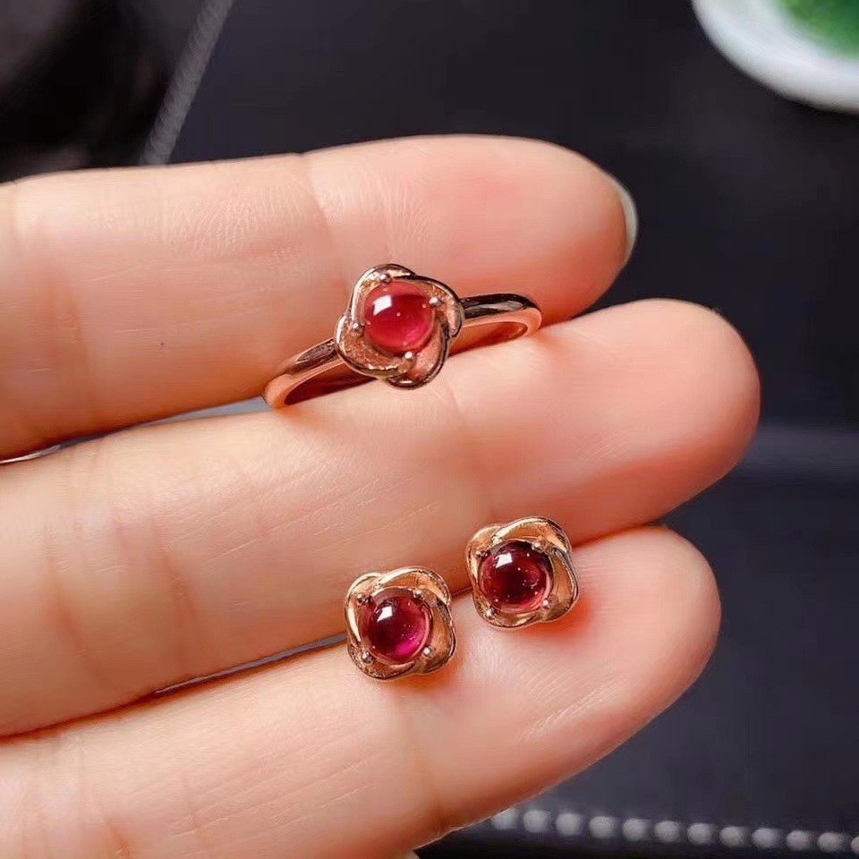 Nhẫn Garnet Tự Nhiên Retro Thời Trang Độc Đáo Có Thể Điều Chỉnh Nhẫn Bông Tai Nữ