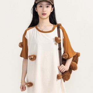 Little Yellow Man Tim Bear Ba Chiều Tay Ngắn Hoạt Hình Hàng Hóa Khóa Màu Raglan Phong Cách Retro
