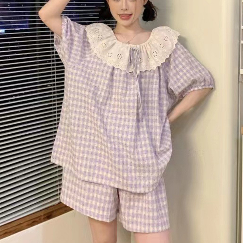 Bộ Đồ Ngủ Nữ Mùa Hè Ngắn Tay Quần Short Phong Cách Hàn Quốc Ngọt Ren Kẻ Sọc Nhà Quần Áo Phù Hợp Với Xuyên Biên Giới Ngoại Thương Nổ Trực Tiếp