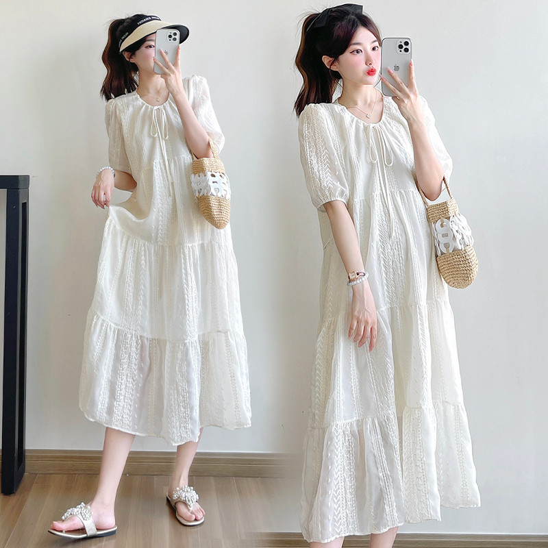 Trang phục bà bầu Mùa hè Phiên bản Hàn Quốc Thời trang dáng rộng Kích thước lớn Váy thêu