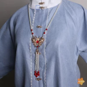 Phong Cách Dân Tộc Rỗng Khắc Túi May Mắn Mặt Dây Chuyền Xanh Giả Ngọc Handmade Đính Hạt Vòng Cổ Dài Mới