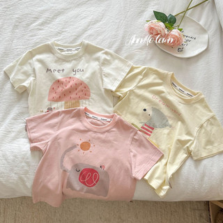 Áo phông bé gái in chữ hoạt hình dễ thương, cotton, mẫu mới mùa hè
