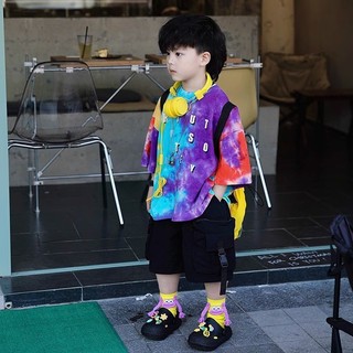 Áo thun ngắn tay phong cách Hàn Quốc mới mùa hè cho bé trai và bé gái, áo tie-dye chữ thường cho trẻ nhỏ và trẻ nhỏ