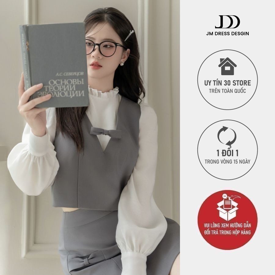 Ảnh Set đồ áo cách điệu cổ bèo phối nơ ngực 2T41.2407K, chân váy dáng A phối nơ 4S23.2407K thiết kế bởi JM Dress Design 1