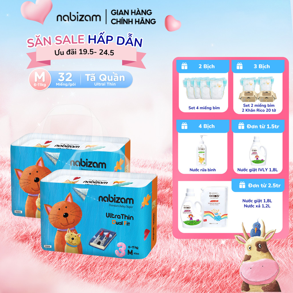 Ảnh COMBO 2 Tã/Bỉm Quần Nabizam UltraThin Nội Địa Hàn Cao Cấp Mỏng Vượt Trội, Thấm Hút Size M/6-11kg/32 Miếng/Bịch 1