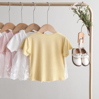 Áo thun ngắn tay ren patchwork mới cho bé gái mùa hè, áo màu trơn ngọt ngào cho trẻ em