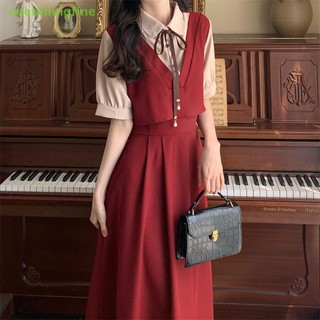 Onetimingfine Chữ A Đơn Giản Giả Hai Miếng Đầm Thời Trang Hàn Quốc Preppy Phong Cách Mùa Hè Vintage Nữ Đầm Maxi VN