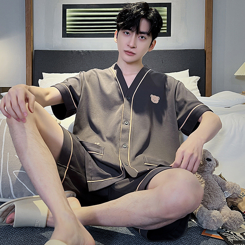 Bộ đồ ngủ nam Cotton nguyên chất Bộ đồ ngắn tay 2024 Áo len Cardigan thông thường mới