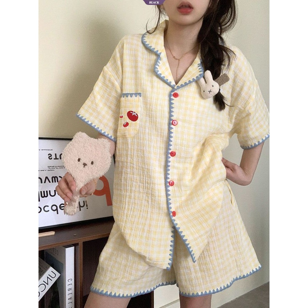 Bộ đồ ngủ kẻ sọc đơn giản Nhật Bản Nữ mùa hè Cà chua ngọt Quần Short ngắn tay dành cho học sinh Bộ đồ mặc nhà rộng rãi [BL]
