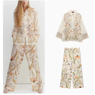 Áo Sơ mi Zara made in Morocco họa tiết in hoa lá cành nhẹ nhàng và quần cùng bộ