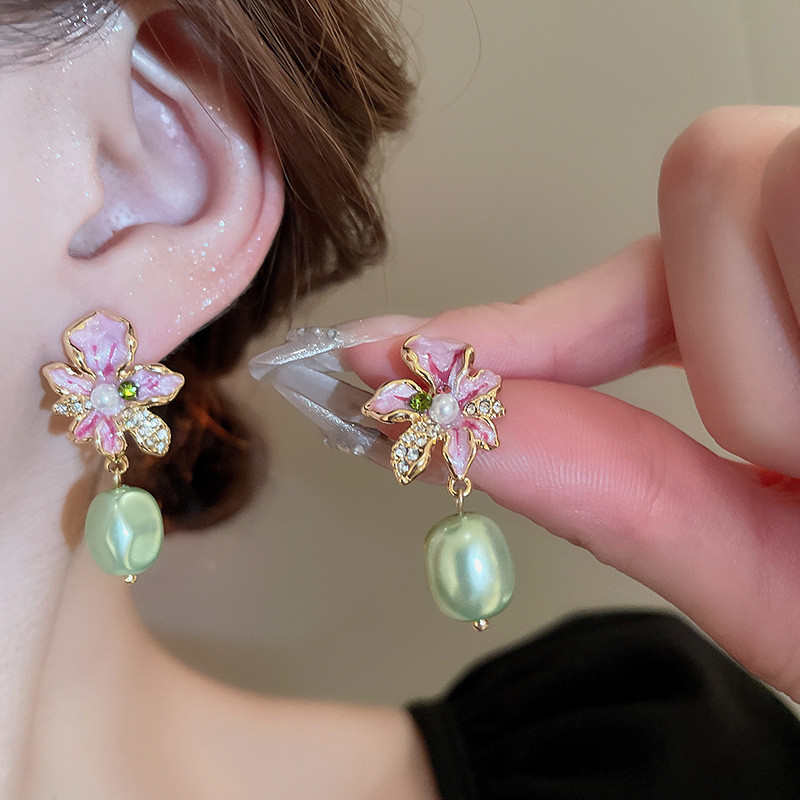 [Jewbeauty] Vàng thật mạ bạc kim vàng tím nhỏ giọt dầu hoa ngọc trai bông tai Pháp ngọt ngào cao cấp bông tai nữ
