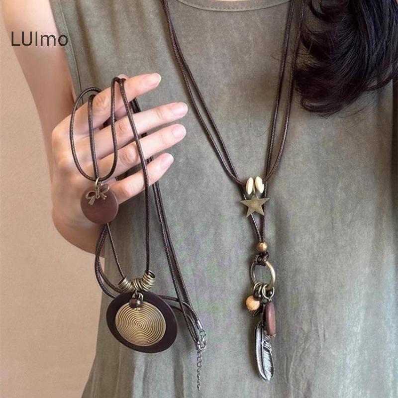 LUImo Vintage Boho Vòng Cổ Kim Loại Cho Nữ Cổ Dài Dây Xích Mặt Dây Chuyền Handmade Tuyên Bố Lớp Phụ Kiện Trang Sức SBS