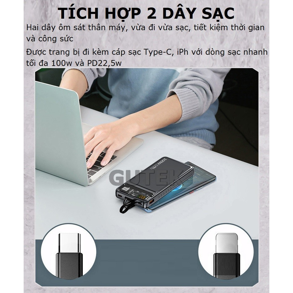 Sạc dự phòng 20000mah 30000mah công suất nhanh 100w dung lượng pin lớn có sẵn dây cho điện thoại - Gutek DX159