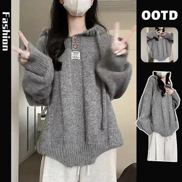 Áo len nữ Áo len liền mũ màu Xám Áo len nữ áo khoác thu đông mẫu mới 2024 Áo dệt kim áo dài tay