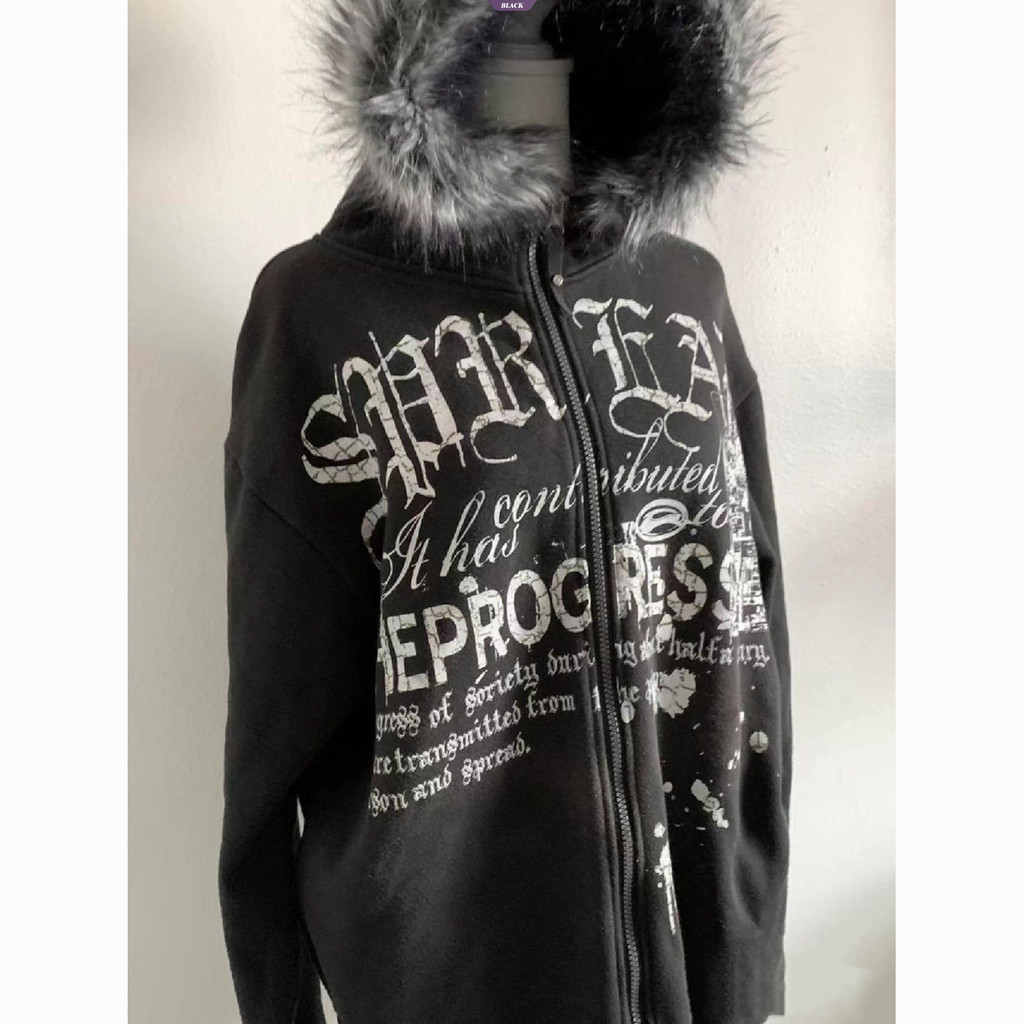 Mỹ Retro Đen Có Mũ Trùm Đầu Nữ Chữ Cái Mùa Thu Đông Đệm Zip Áo Cardigan Mới Áo Khoác Cổ Lông [BL]