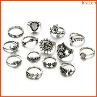 Kra 14 Chiếc Vintage Bạc Mặt Trăng Ngôi Sao Hoa Lá Midi Vintage Nhẫn Ban Nhạc Bộ Bohemian Trang Sức Để Mặc Hàng Ngày