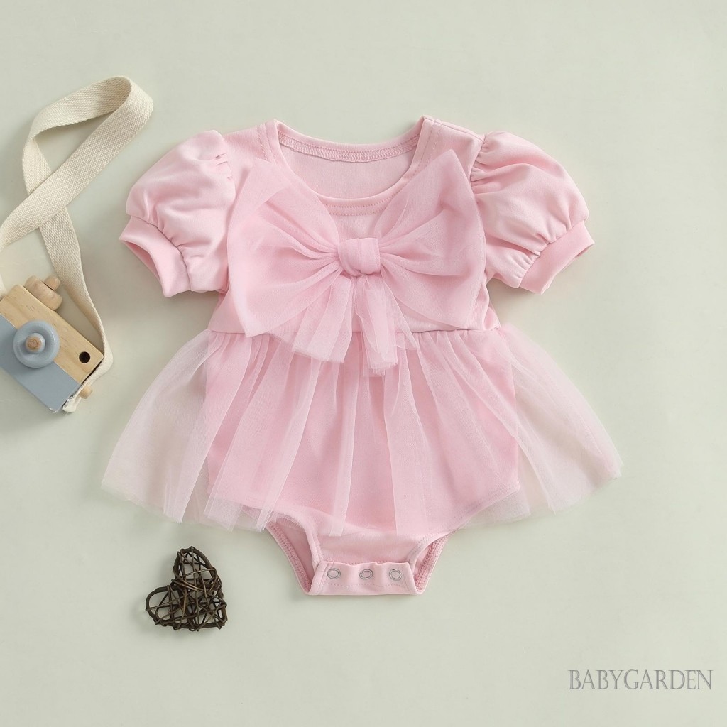 / / -Bộ Áo liền quần ngắn tay vải tuyn viền nơ trang trí cho bé gái