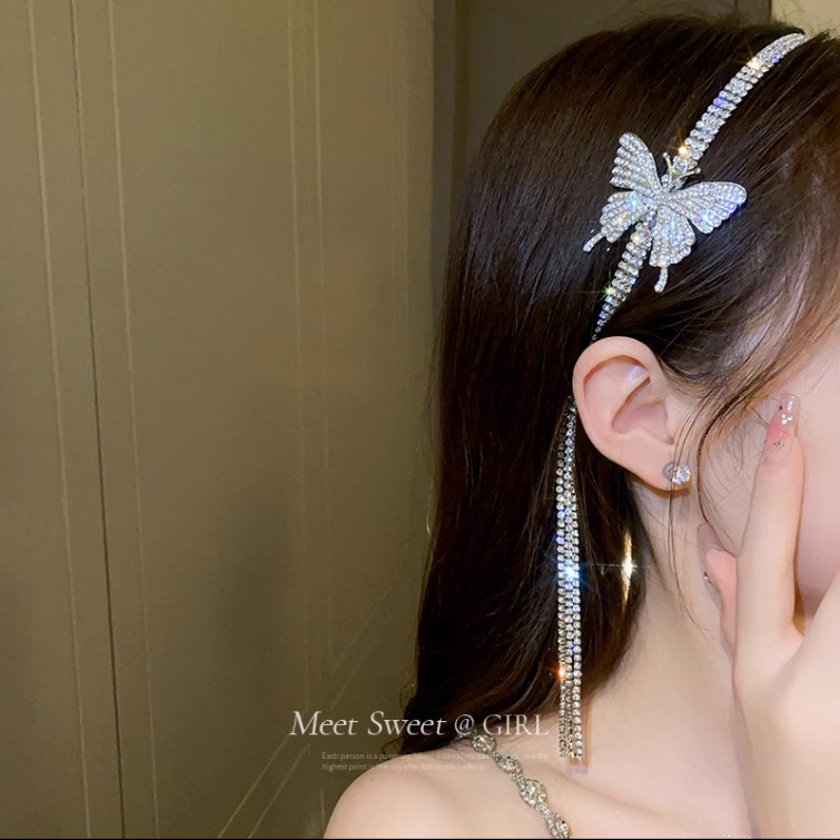 Bờm tóc hình bướm tua rua đầy kim cương, bờm tóc thời trang kiểu Tây cao cấp cho nữ, phụ kiện tóc khí chất mẫu mới 2023