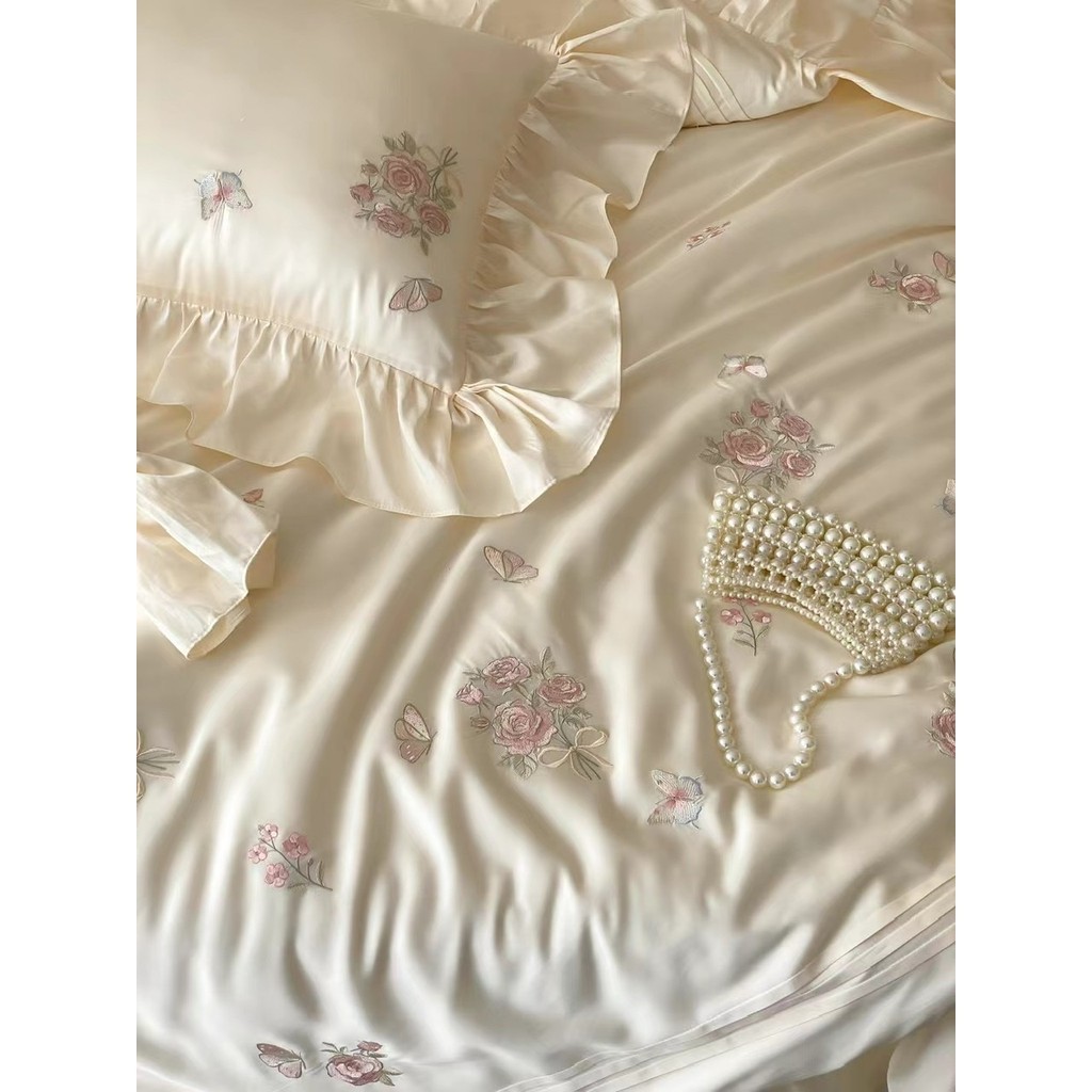 (L41490) Bộ Chăn Ga Gối Chất Liệu Tencel 60s Mềm Mại Thêu Hoa Nổi Tinh Xảo Bèo Rủ Nhẹ Nhàng - MemMinbedding Luxury