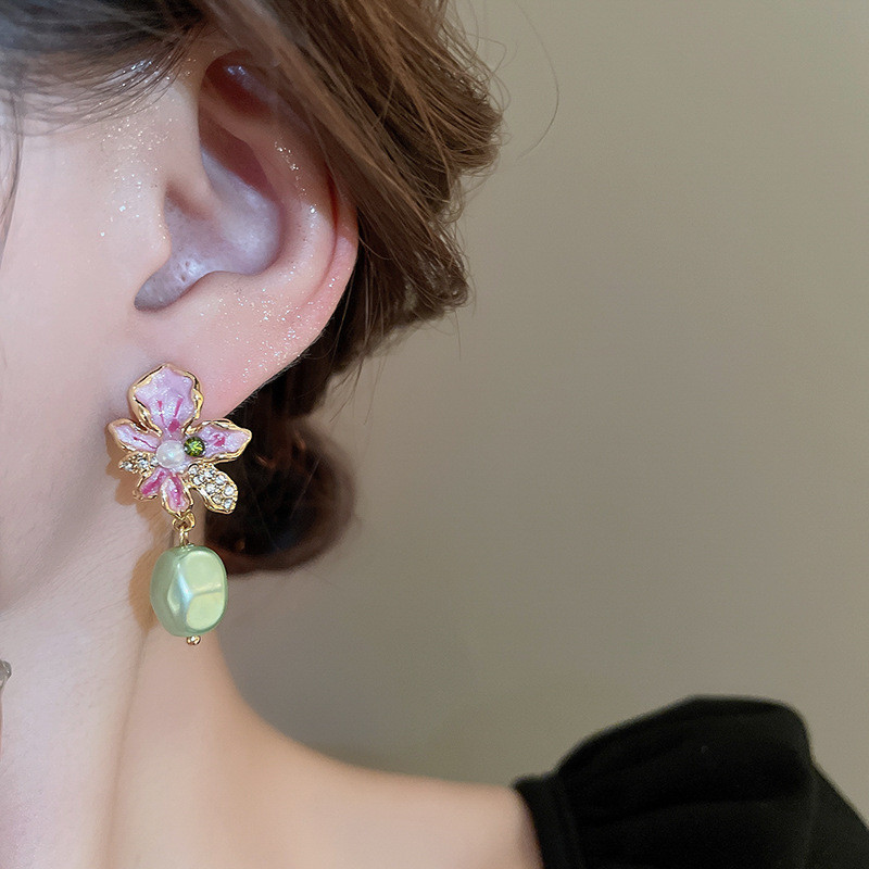 [Jewbeauty] Vàng thật mạ bạc kim vàng tím nhỏ giọt dầu hoa ngọc trai bông tai Pháp ngọt ngào cao cấp bông tai nữ