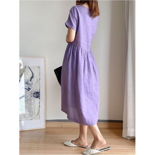 Váy vải lanh Cotton nữ tay ngắn cổ tròn dáng rộng