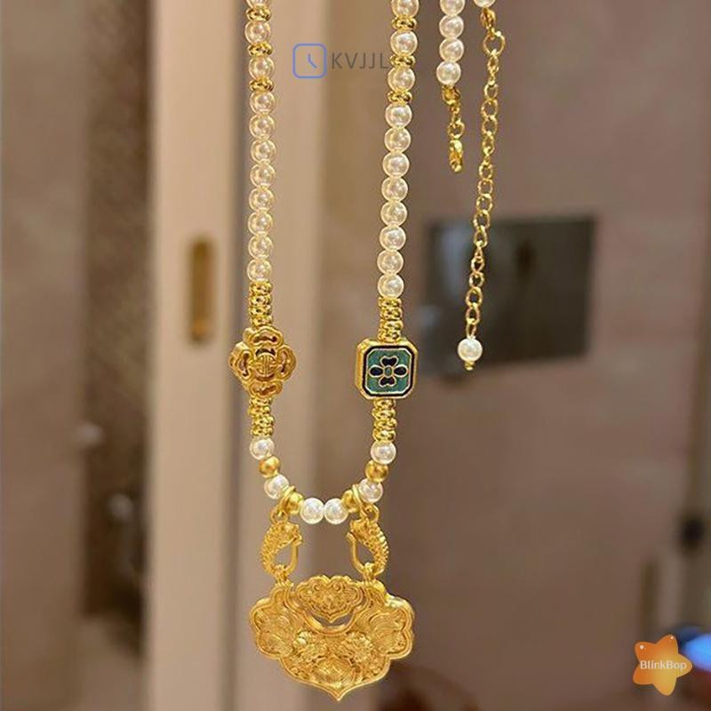 [KvJJL-t] Phong Cách Dân Tộc Rỗng Khắc Túi May Mắn Mặt Dây Chuyền Xanh Giả Ngọc Handmade Đính Hạt Vòng Cổ Dài Mới