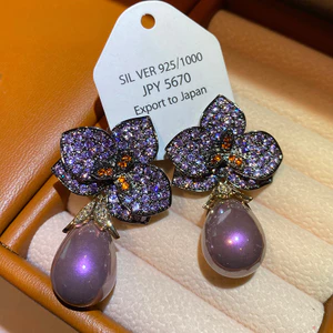 Bông tai ngọc trai Zircon hoa đen thanh lịch sang trọng thời trang