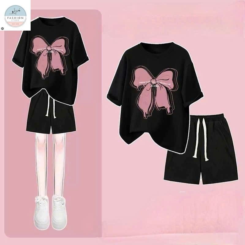Tổng Hợp Các Sét bộ đồ cộc tay mùa hè quần đùi trơn + mix áo phông nơ form rộng unisex-quần áo 94