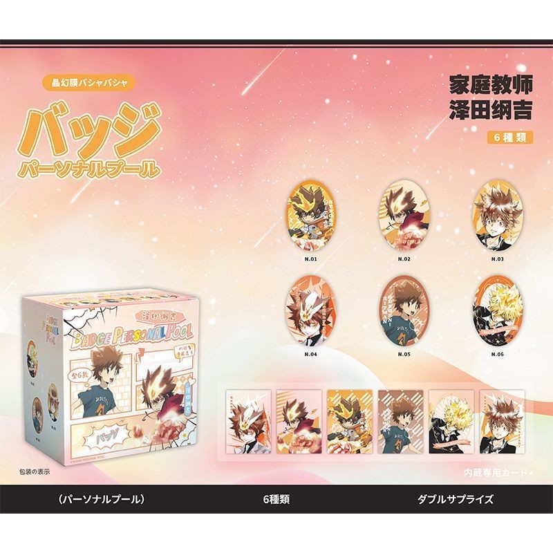 Katekyo Hitman tái sinh! Bộ 6 hộp mù huy hiệu hình bầu dục Tsunayoshi Sawada | Nút ghim Anime + Thẻ PVC Merch