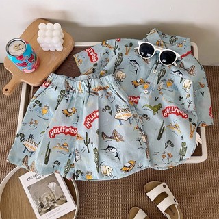 Bộ áo sơ mi mùa hè mới cho bé trai, in hoạt hình, áo ngắn tay retro và quần short, bộ hai mảnh