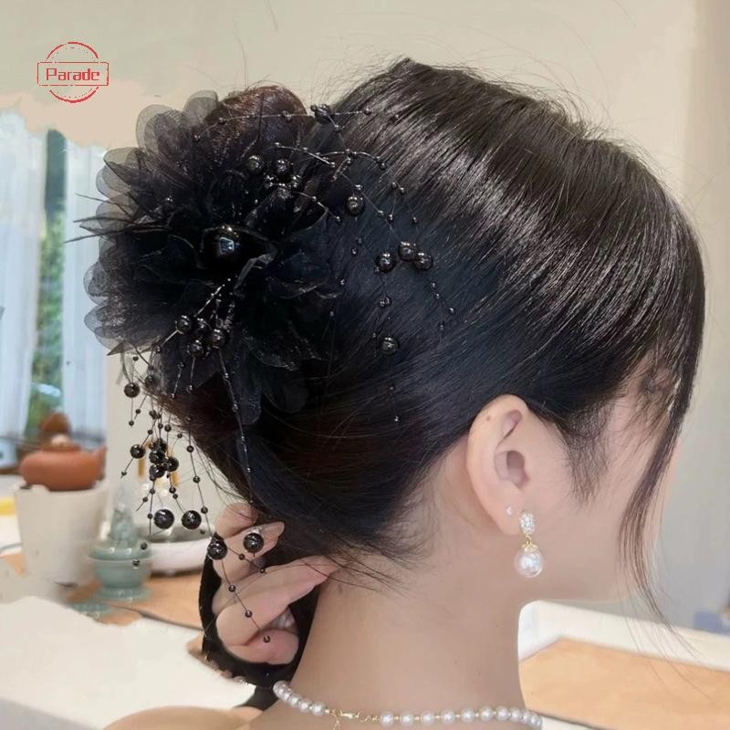 Diễu Hành Thời Trang Lưới Đen Hoa Nữ Đuôi Ngựa Kẹp Mũ Đội Đầu Tính Khí Hoa Tóc Móng Vuốt Mũ VN