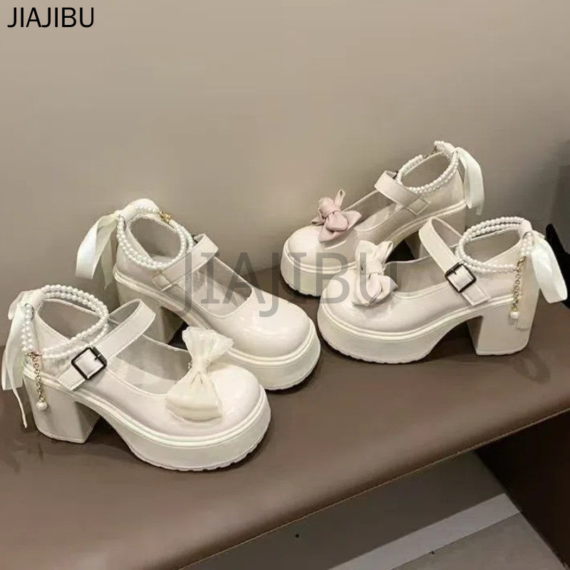 Size 34-44 Giày Nữ Size Lớn Chất Lượng Cao 43 Korean Fashion Platform Bow Mary Jane Shoes 42 Giày Lolita Đồng Phục JK Nhật Bản French Beige Beaded Thick Heel Doll Shoes Giày Cosplay Cao Gót Mũi Tròn Chống Trượt Phong Cách Anh Quốc Giày Bên Giày Khiêu Vũ