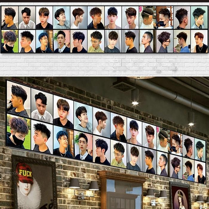 Tranh trang trí tường tiệm salon tóc, poster nền kiểu tóc nam nữ cá tính, hình dán tường