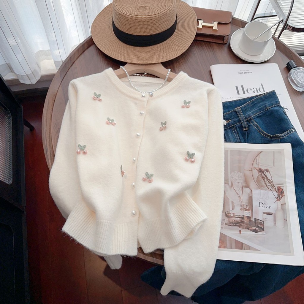 Áo len Hàn Quốc Cardigan dệt kim kiểu Pháp ngọt ngào nhẹ nhàng mềm mại cổ tròn áo len dễ phối