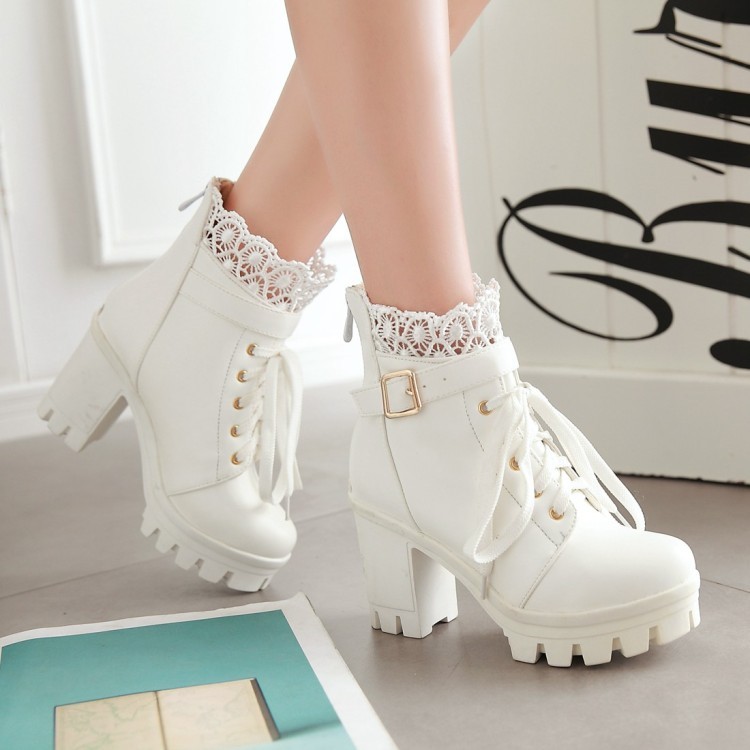 Cỡ 33-43 Size Lớn Size Nhỏ Size ngắn giày bốt đơn mùa xuân thu đông Giày Nữ Giày Bốt Martin dây buộc Gót Thô siêu cao gót Bốt ngắn phong cách Anh