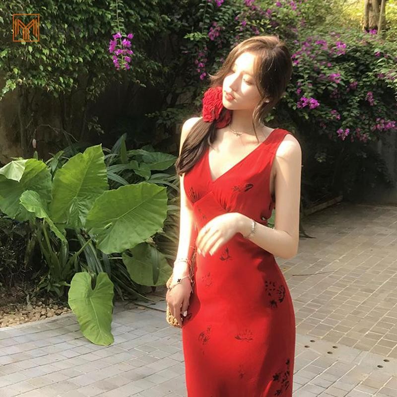 Marbit Mùa Hè Nữ In Hoa Cổ Chữ V MIdi Đầm Đi Biển Phong Cách Lưng Đầm Mới