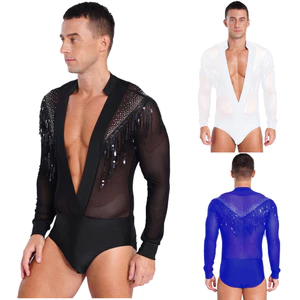 Nyeemya S-XXL Nam Khiêu Vũ Latin Leotard Sâu Cổ Chữ V Sheer Lưới Chắp Vá Tua Rua Đính Kim Cương Giả Body Cho Salsa Thi Đấu Sân Khấu Biểu Diễn